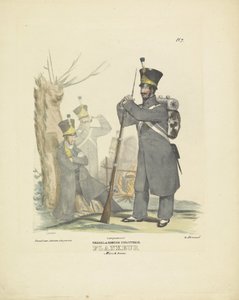 Flanke i marsjdrakt, 1820-1825 nederlandsk infanteri. Flankeur Marsch-uniform (tittel på objekt) Militære kostymer fra kongeriket Nederland. Dedikert til Hans eksellens Willem van Bylandt (serietittel på objekt)
