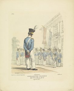 Musiker i full uniform Musiker i full kjole, 1820-1825 Nederlandsche Infanterie Musikant i flott uniform (tittel på objekt) Militære kostymer fra kongeriket Nederland. Dedikert til Hans eksellens Willem van Bylandt (serietittel på obj