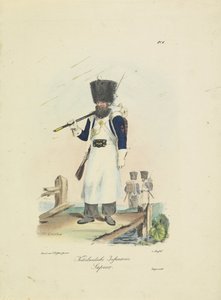 Sappeur, 1820-1825 nederlandsk infanteri. sapeur (tittel på objekt) Militære kostymer fra kongeriket Nederland. Dedikert til Hans eksellens Willem van Bylandt (serietittel på objekt)