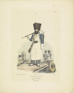 Sappeur i stor uniform, 1820-1825 nederlandsk infanteri. Sapeur i stort antrekk (tittel på objekt) Militære kostymer fra kongeriket Nederland. Dedikert til Hans eksellens Willem van Bylandt (serietittel på objekt)