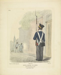 Soldat i garnisondrakt, 1820-1825 nederlandsk infanteri. Soldat i geriljauniform (tittel på objekt) Militære kostymer fra kongeriket Nederland. Dedikert til Hans eksellens Willem van Bylandt (serietittel på objekt)