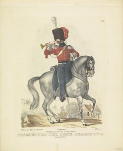 Trompetist i full uniform Trompetist i flott uniform, 1820-1825 nederlandsk kavaleri. Trompetisten av Ligte Dragoons. i full uniform (tittel på objekt) Militære kostymer fra kongeriket Nederland. Dedikert til hans eksellens William av B