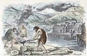 Forhistorie, bronsealder: støperiverksted nær en bosetning med styltehus Gravering fra "" La nature et l'homme" av Rengade 1881 Privat samling