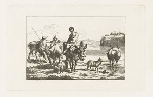 Landskap med en gjeterinne på et muldyr og en gjeter med kyr av A. Dickhof (signed by artist)