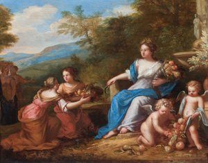 Ceres sittende med putti som presenterer frukt. (olje på lerret) av A. Diennen