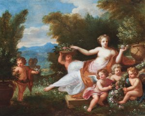 Flora liggende i et landskap med putti som bringer blomster. (olje på lerret) av A. Diennen