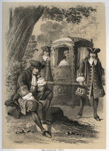 Marie Anne Mancini (1649-1714) Hertuginne av Bouillon som en morgen dro til Versailles, så Jean de la Fontaine (Lafontaine) reise seg under et tre; om kvelden fant hun ham på samme sted. Gravering av A. Duruy i "" Illustrasjoner litteraires de la France;