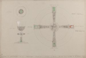 Chapel of Chivalry: foreslått kalk-, paten- og almisseskål (blyant, blekk, pensel, wc og sølvmaling på grått kort) av A. Edward Jones and Co.