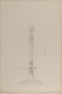 Chapel of Chivalry: foreslått sølvlysestake (blyant, blekk, pensel, wc og sølvmaling på grått kort) av A. Edward Jones and Co.