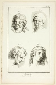 Tegning: uttrykk for følelser (latter, gråt, medfølelse, tristhet), fra Encyclopédie