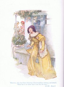Beatrice, som hadde lyttet med andpusten interesse utbrøt "Hvilken brann er i mine ører kan dette være sant?" (Much Ado About Nothing), fra Tales from Shakespeare pub. av Ward Lock & Co Ltd av A. Jackson