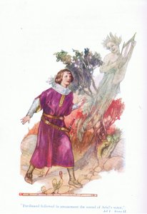Ferdinand fulgte forbauset lyden av Ariels stemme (The Tempest), fra Tales from Shakespeare pub. av Ward Lock & Co Ltd av A. Jackson