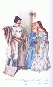 Frederick med sinne blikk beordret Rosalind til å forlate palasset (As You Like It), fra Tales from Shakespeare pub. av Ward Lock & Co Ltd av A. Jackson