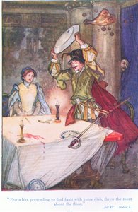 Petruchio, som lot som han fant feil med hver rett, kastet kjøttet på gulvet (The Taming of the Shrew), fra Tales from Shakespeare pub. av Ward Lock & Co Ltd av A. Jackson