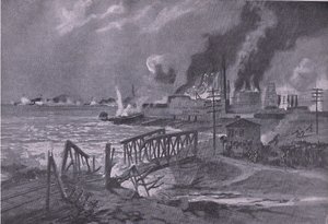 Ødeleggelse av et verft i Bari (Italia) av østerriksk-ungarske torpedo-destroyere, fra puben The Illustrated History of the World War 1914-1915. av Union Berlagsefellfchaft av A. Kircher