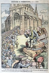 Nedtellingssuksess: skoler uten gud, ran, utkastelser, separasjon ... "Og kirkene er enda mer overfylte enn før!" - Tegneserie mot antiklerikalisme av Lemot, i "" Le Pelerin"" av 11.04.1909