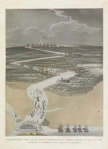 Britisk ekspedisjon til Antwerpen, 1809 Pittoresk plan av den store ekspedisjonen, på den vestlige Schelde, i august 1809. som viser vanskeligheten med å nærme seg Antwerpen (tittel på objekt)