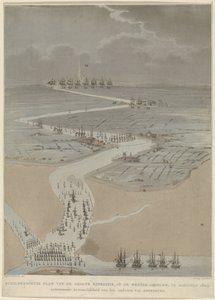 Fugleperspektiv av den vestlige Schelde med engelske, nederlandske og franske flåter, 1809 Pittoresk plan av den store ekspedisjonen, på den vestlige Schelde i august 1809 (tittel på objekt)