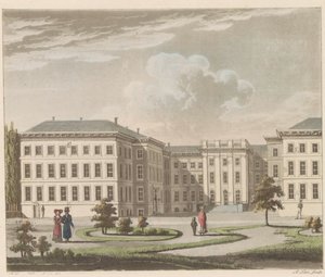 Noordeinde-palasset i Haag, 1810-1825 Le Palais royal à La Haye, vu du jardin / Det kongelige palass i Haag, sett fra hagesiden (tittel på objekt)