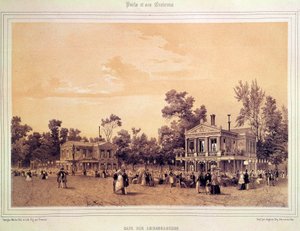 Utsikt over Cafe des Ambassadeurs på Champs Elysees i Paris Litografi av A. provost (aktiv rundt 1834-1855) Paris, Musee Carnavalet