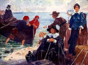 Et band med eksil forstøter barken sin på den ville New England-kysten, 1620, 1905. av A. S. Forrest