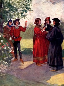 ...Adelsmennene plukket røde eller hvite roser og satte dem i hatten, 1400-tallet, 1905. av A. S. Forrest