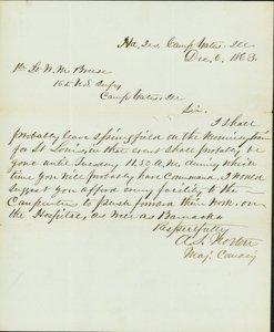 Brev signert A.S. Norton, kommandørmajor, hovedkvarter, Camp Yates, Ill., Til 1. løytnant W.M. Breese, 16. amerikanske infanteri, Camp Gates, Ill., 6. desember 1863 av A. S. Norton