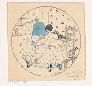 Jenta vil løfte babyen ut av sengen av A. Tinbergen (signed by artist)