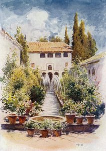 Generalife, Acequia Court (farge litho) av A. Trevor Haddon
