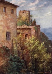 Granada, utsiden av Alhambra (farge litho) av A. Trevor Haddon