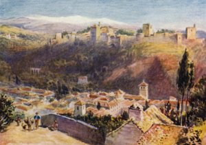 Granada, generell utsikt over Alhambra (farge litho)