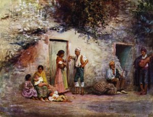 Granada, sigøynere ved dørene til hulene deres (farge litho)