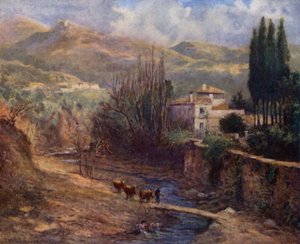 Granada, Villa på Darro (farge litho) av A. Trevor Haddon