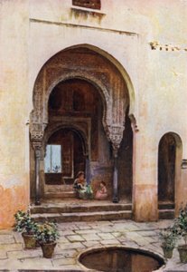 Alhambra, Court of the Mexuar, West Facade (farge litho) av A. Trevor Haddon