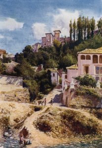 Alhambra, Torre de las Damas fra elven Darro (farge litho) av A. Trevor Haddon
