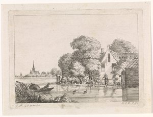 Angler og en kvinne foran et hus av A. van de Velde