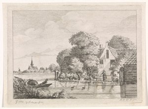 Angler og en kvinne foran et hus av A. van de Velde