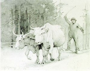 En fransk bonde som driver med okser (kull på papir) av Abbott Handerson Thayer