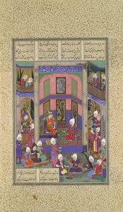 Manuchihr ønsker Sam velkommen, men beordrer krig mot Mihrab, Folio 80v fra Shahnama..., ca. 1525. av 