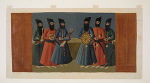 Legg til eller. 1242 "Ghulamene" som bærer sjahens skjold, kogger og andre kongelige utstyr, detalj fra "Redusert kopi av veggmaleriet i Nigaristan Palace" av Abdallah (after) Khan