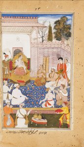 Bhishma gir råd til Yudhishthira om naturen til de fire varnaene, eller kastene, 1598 av Abdul Rahim Khan I Khana