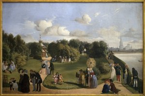 Utsikt over Rochelle (hagen til badet Marie Therese). Karakterer av borgerskapet i en park: par som prater på en benk, menn som hilser på damer, barn som leker med en bøyle... Maleri av Alexandre Abel de Pujol (1785-1861), Olje på lerret