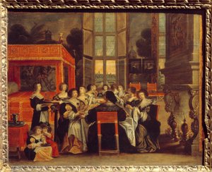 Samtale med damer i fravær av ektemenn: Middagsmaleri av Abraham Bosse (1602-1676) Egouen fra 1600-tallet. Nasjonalt renessansemuseum