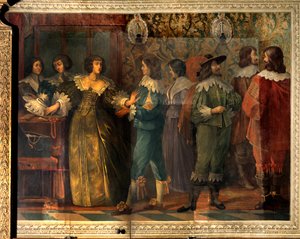 Scene av livet til Charles de Valois (1573-1650), hertugen av Angouleme - Festscene gitt i anledning ekteskapet til Charles de Valois med sin andre kone i 1644 - En kvinne, oppsøkt av en hoffmann, pågriper for å sette henne krage - Fresco av Abrah