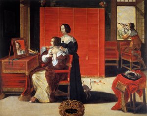 The Five Senses: The View En ung kvinne foran speilet mens en mann bruker en astronomisk ramme. Maleri av Abraham Bosse (1602-1676). 17. århundre. Omvisninger, Museum of Fine Arts