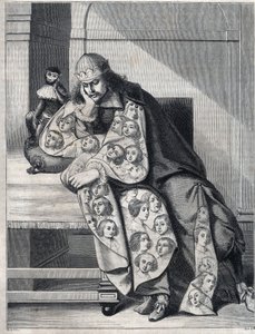 Mannen fylt med ondskap: en mann med en dobbel kappe av kvinnehoder mediterer med en ape ved siden. Reproduksjon av et trykk av Abraham Bosse (1604-1676). av Abraham (after) Bosse