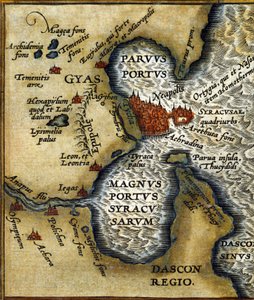 Den gamle havnen i Syracuse på Sicilia etter "atlaset" til Abrahm Ortelius