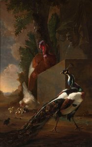 En påfugl, kalkun og kylling med kyllingene sine ved siden av en klassisk fontene i et landskap av Abraham Bisschop