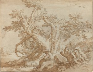 Landskap med sittende figur og hund av Abraham Bloemaert