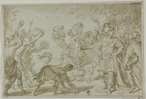 Romerske soldater steiner en slange av Abraham Bloemaert